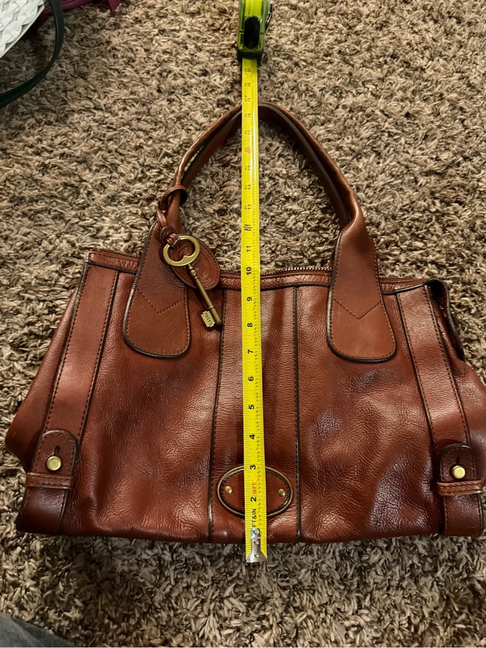 Vintage Fossil Cognac Leather Satchel Bag with Key Charm